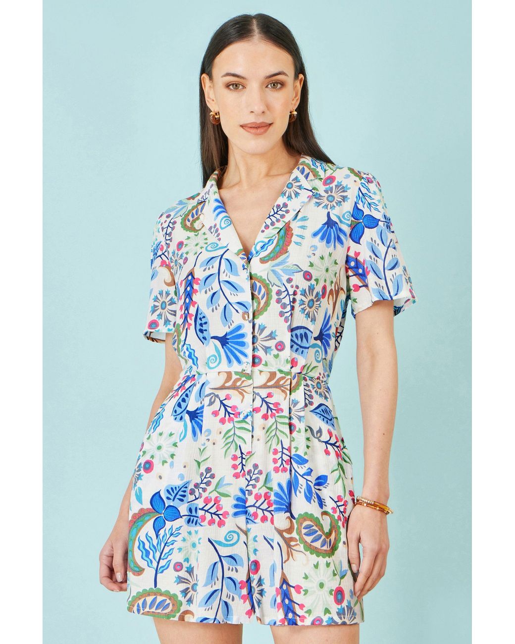 Yumi' Blue Multicolour Paisley Retro Print Playsuit