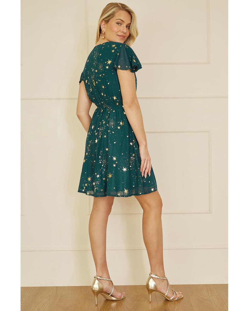 Yumi' Green Foil Star Print Wrap Skater Dress