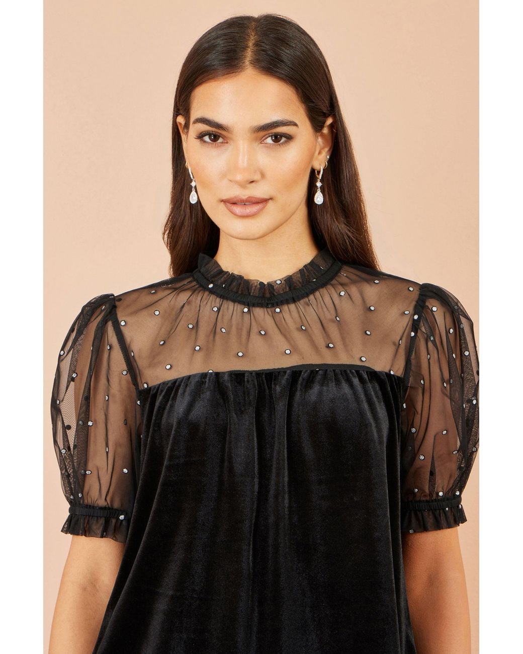 Yumi' Black Velvet Mesh Embellished Top