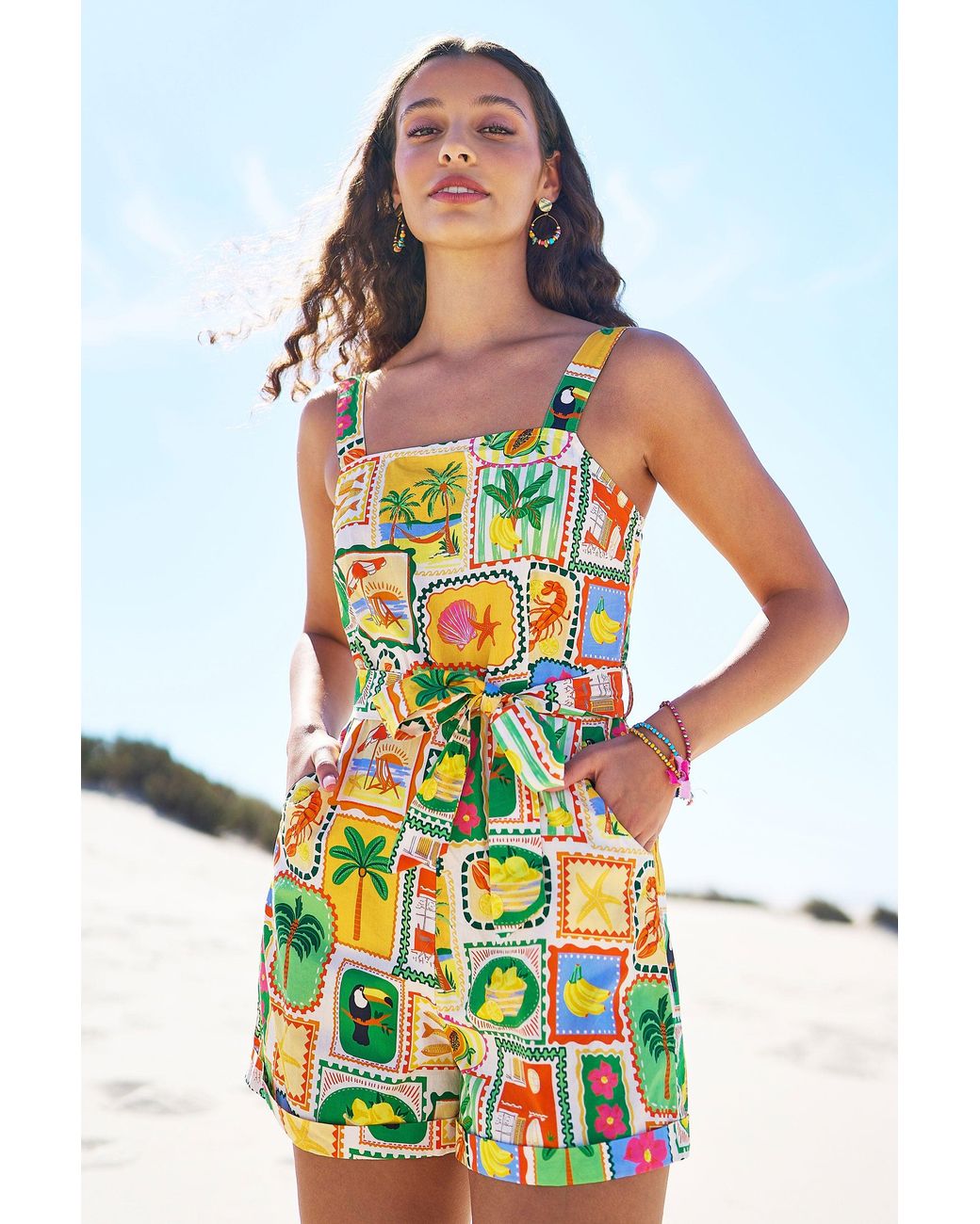 Yumi' Multicolor Multicolour Cotton Postcard Print Playsuit