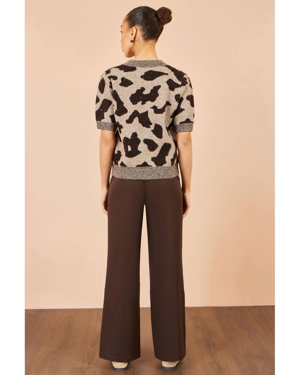 Yumi' Natural Leopard Intarsia Short Sleeve Jumper