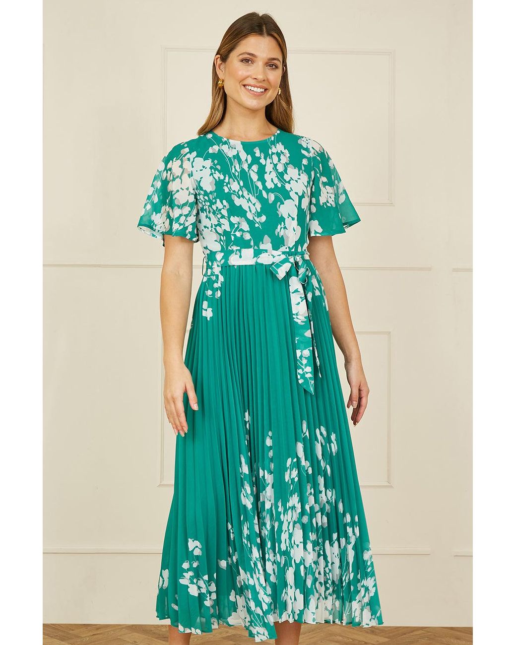 Yumi' Green Mirror Floral Design Pleated Midi Dress