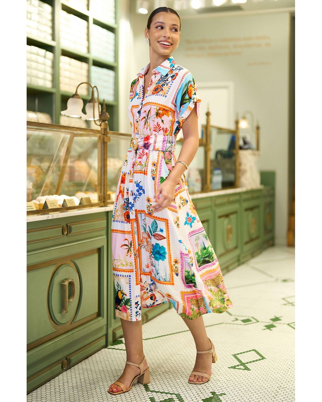Yumi' Green Tropical Postcard Print Relaxed Midi Shirt Dress