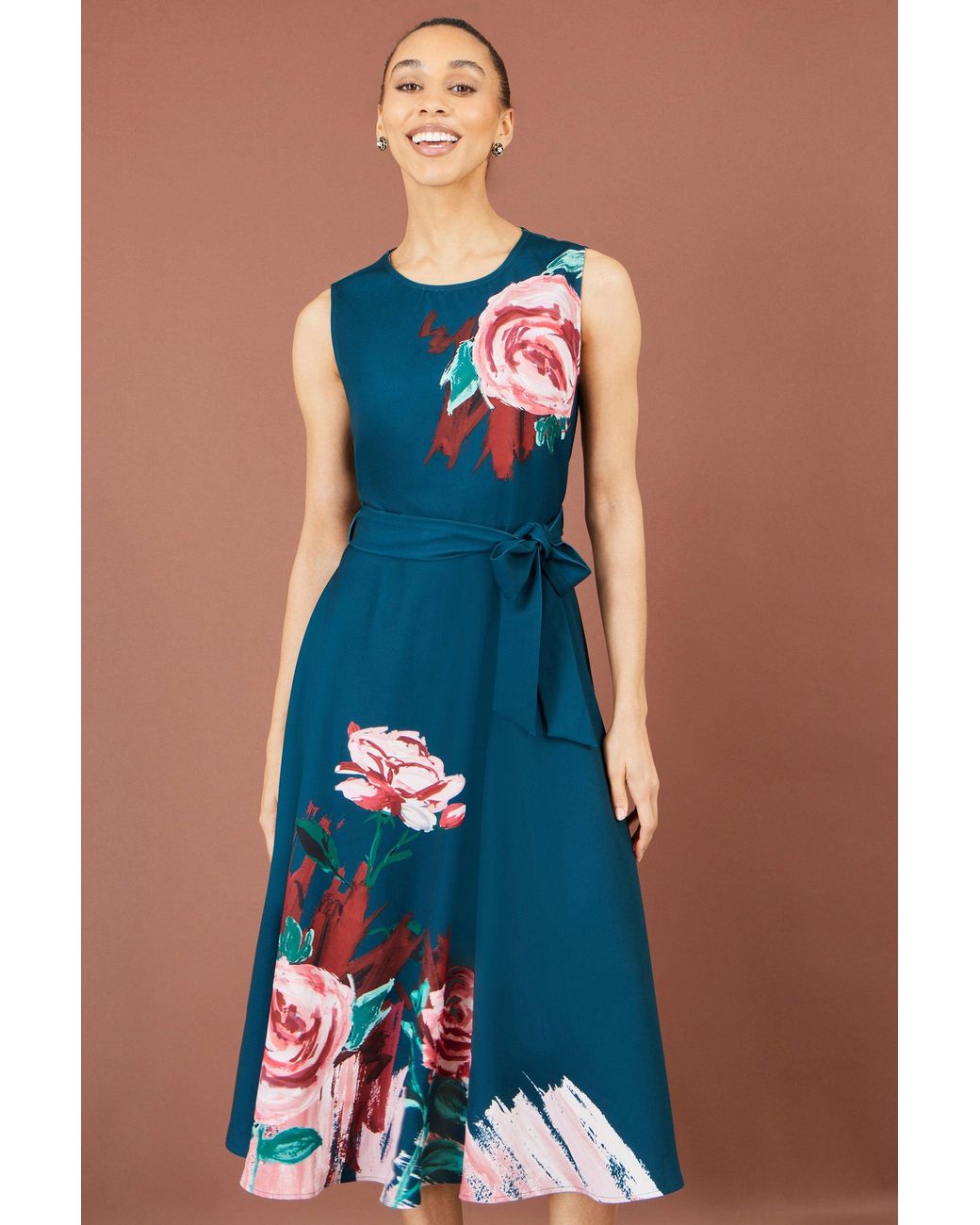 Yumi' Blue Abstract Floral Skater Midi Dress