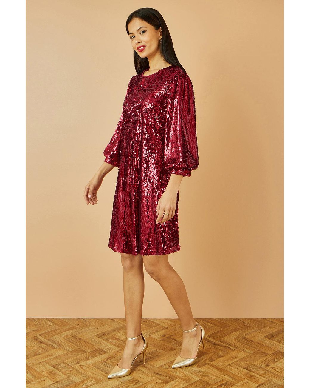Yumi' Red Sequin Tunic Dress With Balloon Sleeves