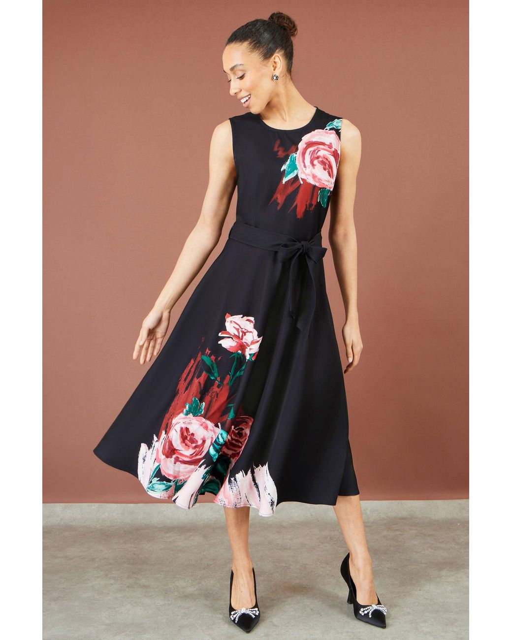 Yumi' Blue Abstract Floral Skater Midi Dress