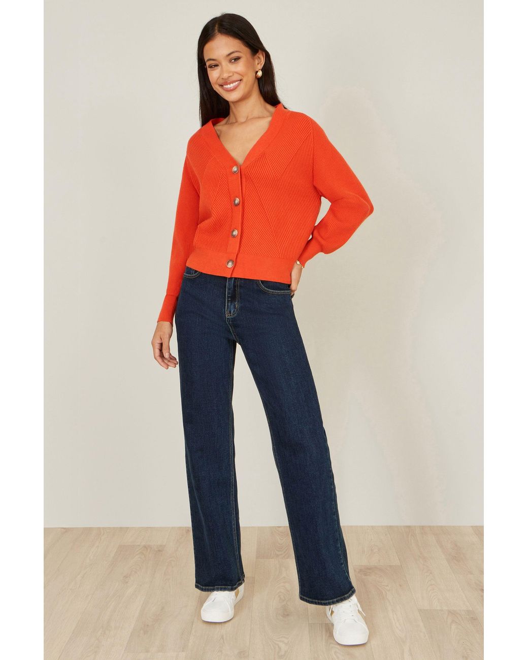 Yumi' Orange Relaxed Fit Cardigan With Stitch Detail