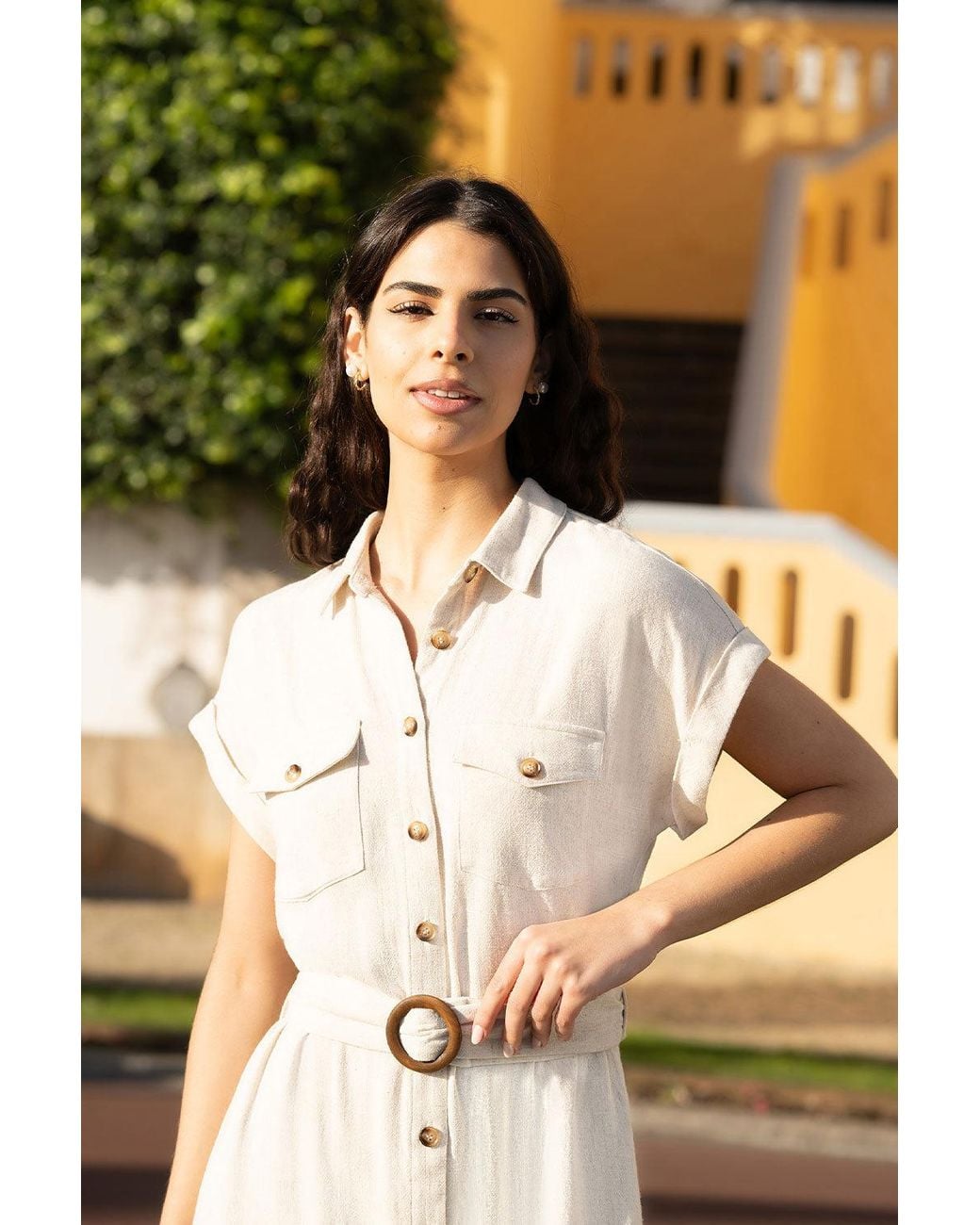 Yumi' Natural Stone Viscose Linen Look Midi Shirt Dress With Wooden Belt