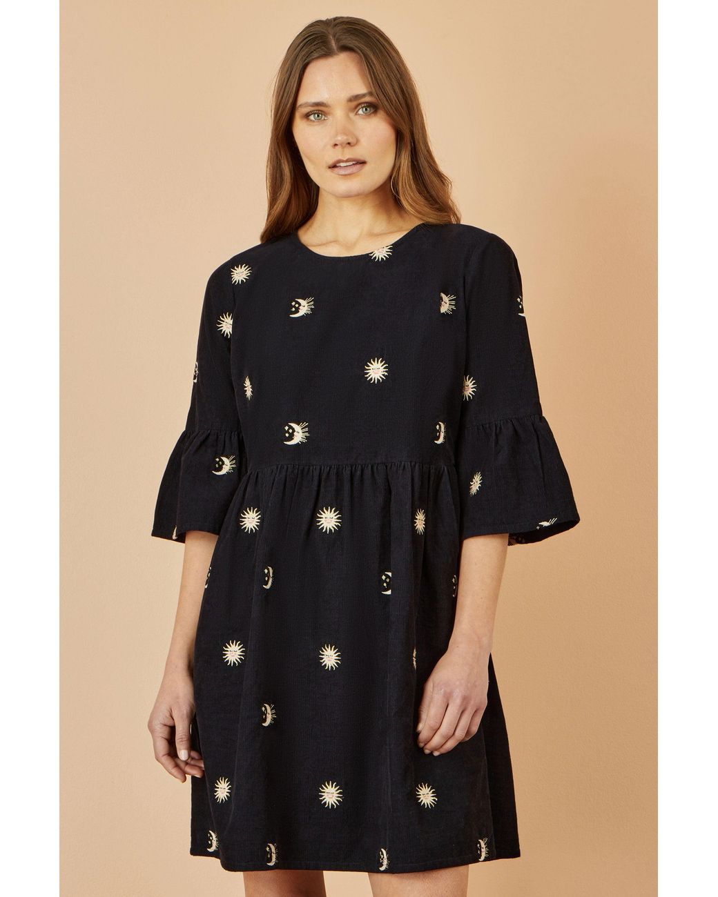 Yumi' Black Cosmic Embroidery Cord Tunic Dress