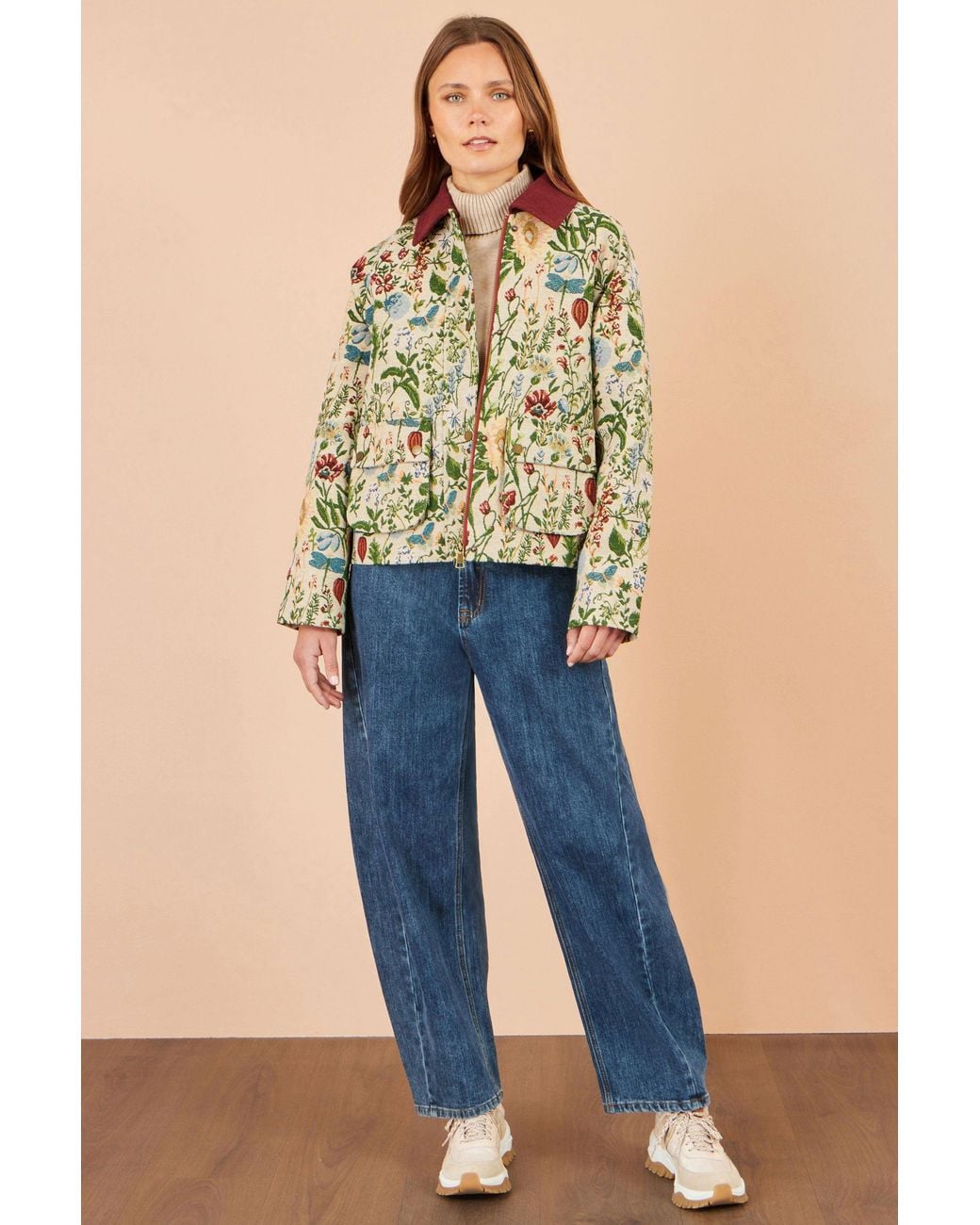 Yumi' Green Botanical Woven Bomber Jacket