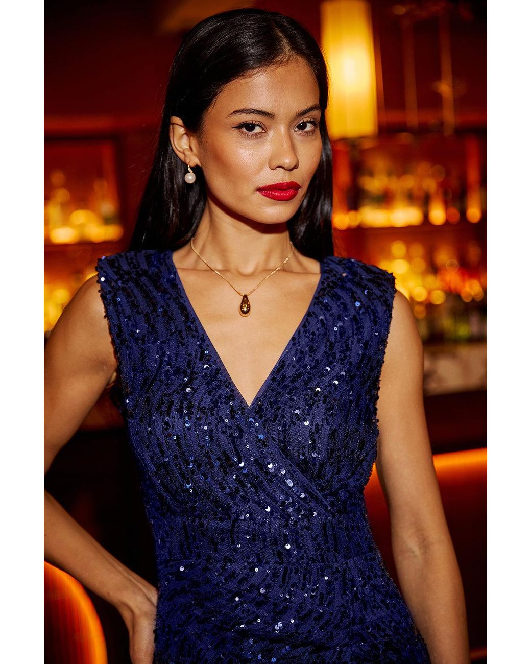 Yumi' Blue Sequin Fitted Wrap Dress With Split Hem