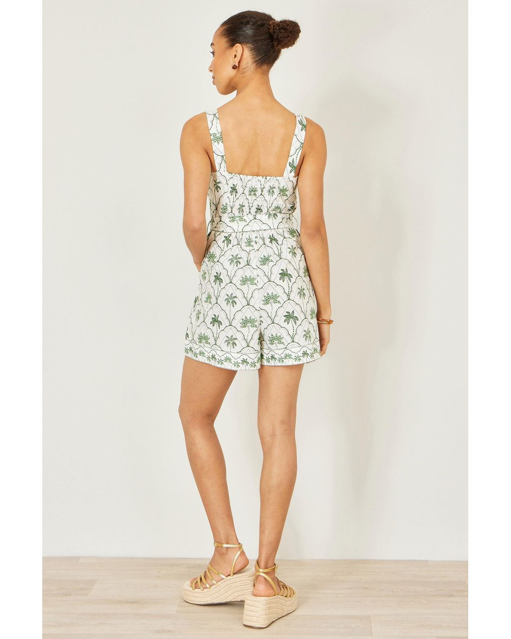 Yumi' White Palm Print Cotton Playsuit