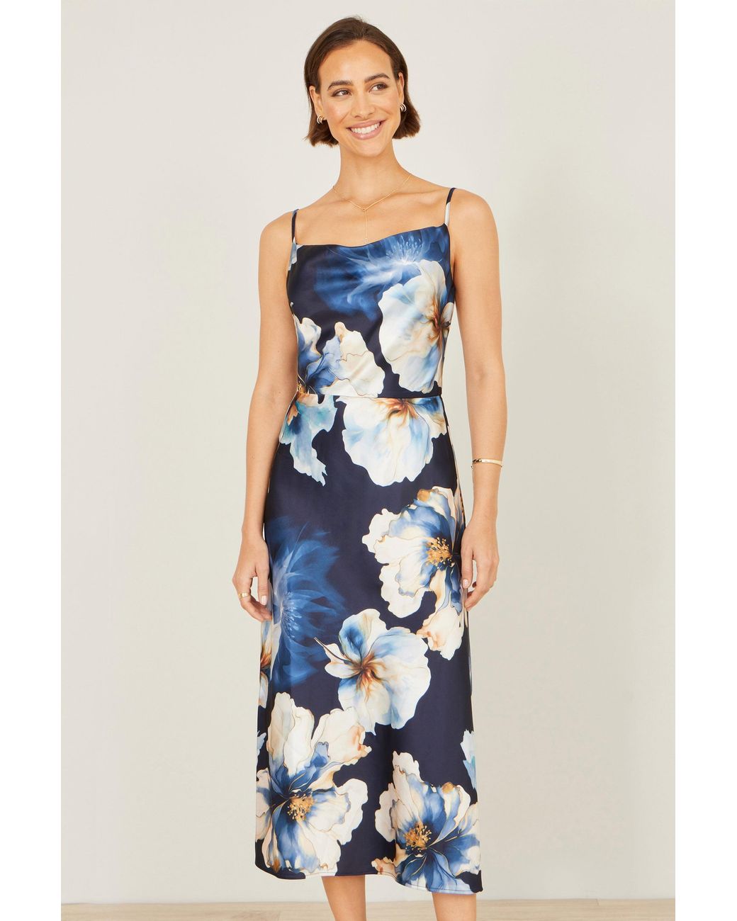 Yumi' Blue Cowl Neck Satin Floral Dress