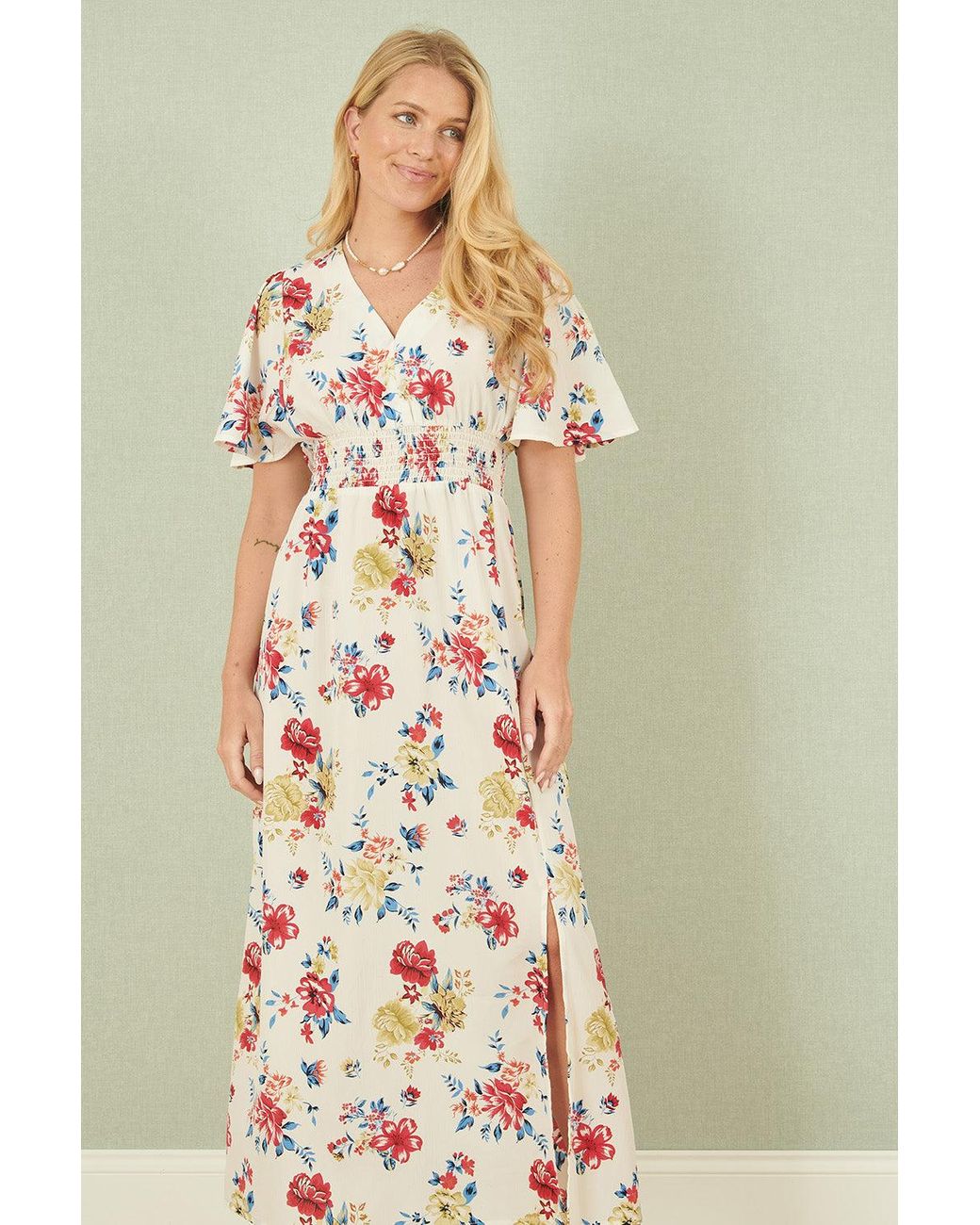 Yumi' White Floral Recycled Fabric Ruched Waist Midi Dress