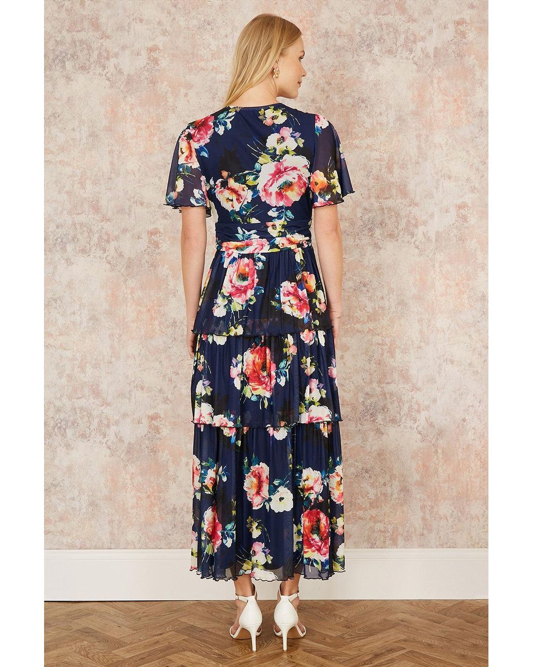 Yumi' Blue Floral Mesh Tiered Maxi Dress