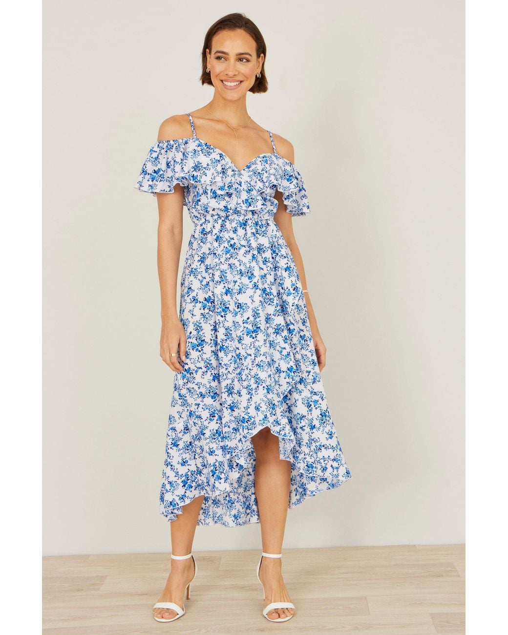 Yumi' Blue Floral Print Bardot Midi Dress With Dip Hem
