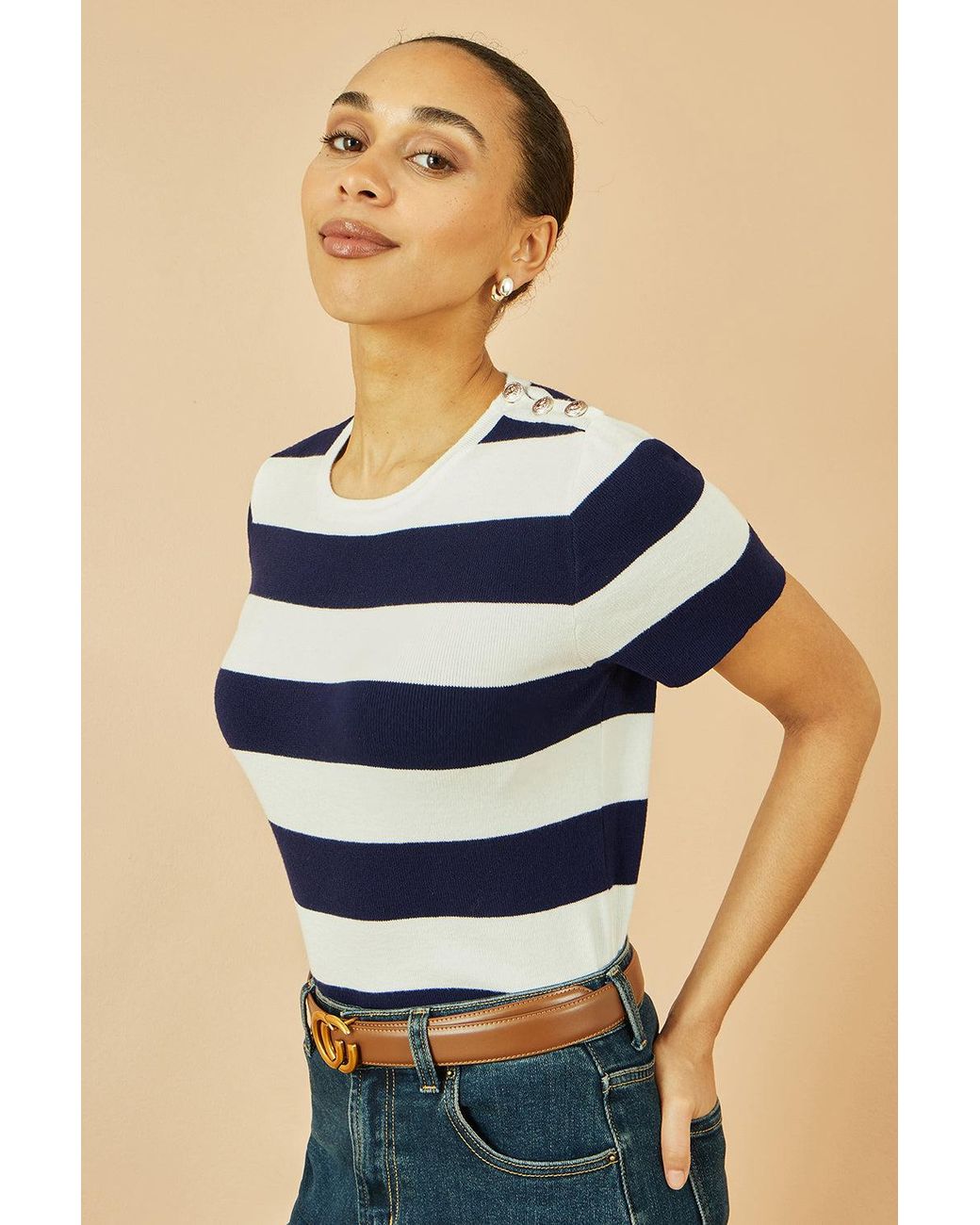 Yumi' Blue Block Stripe Knitted Top With Button Details