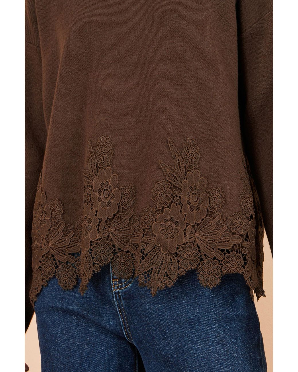 Yumi' Brown Viscose Relaxed Jumper With Lace Trim