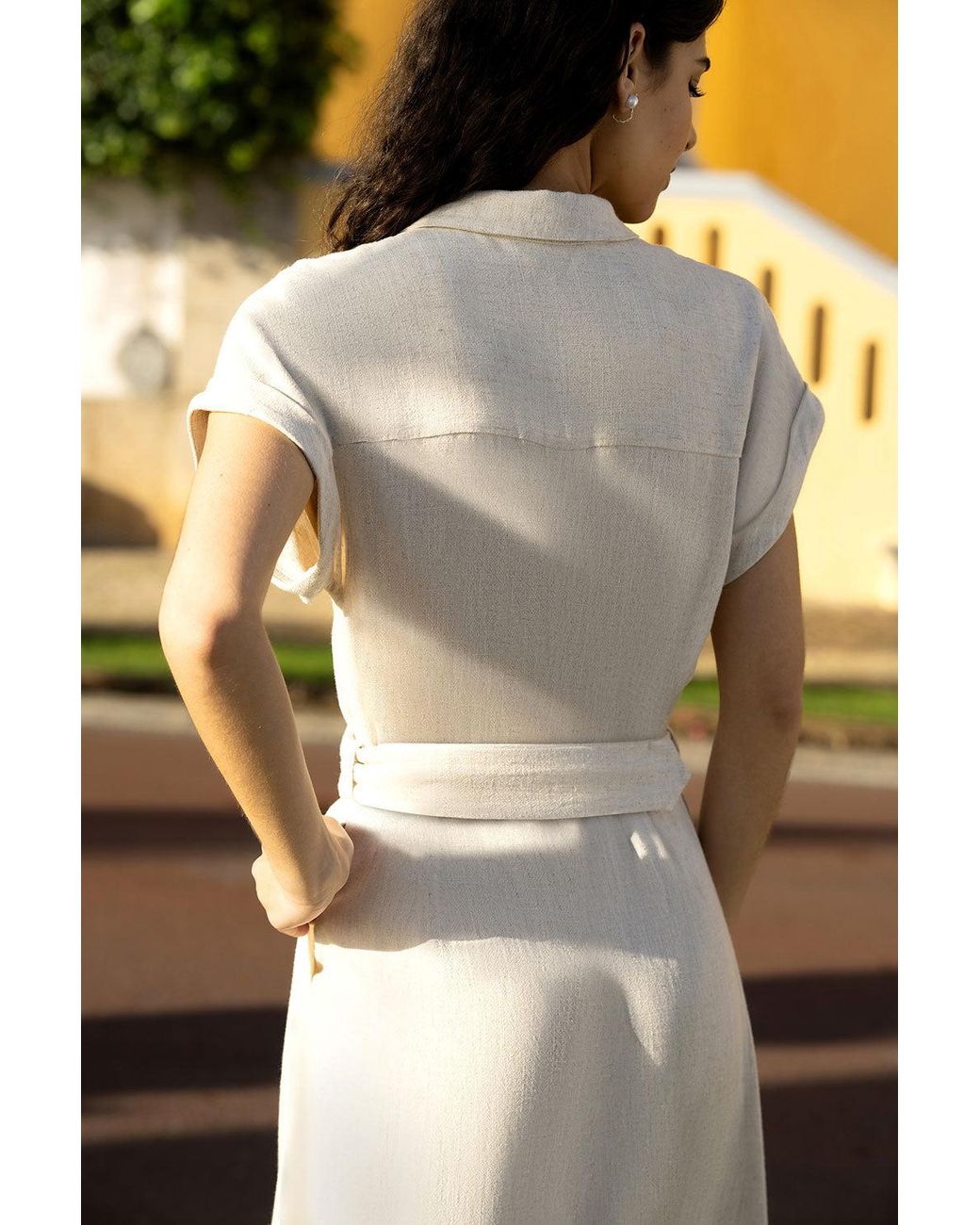 Yumi' Natural Stone Viscose Linen Look Midi Shirt Dress With Wooden Belt