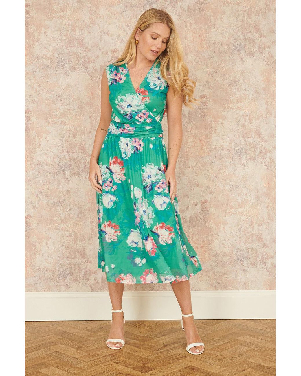 Yumi' Blue Blossom Print Stretch Mesh Dress With Pockets