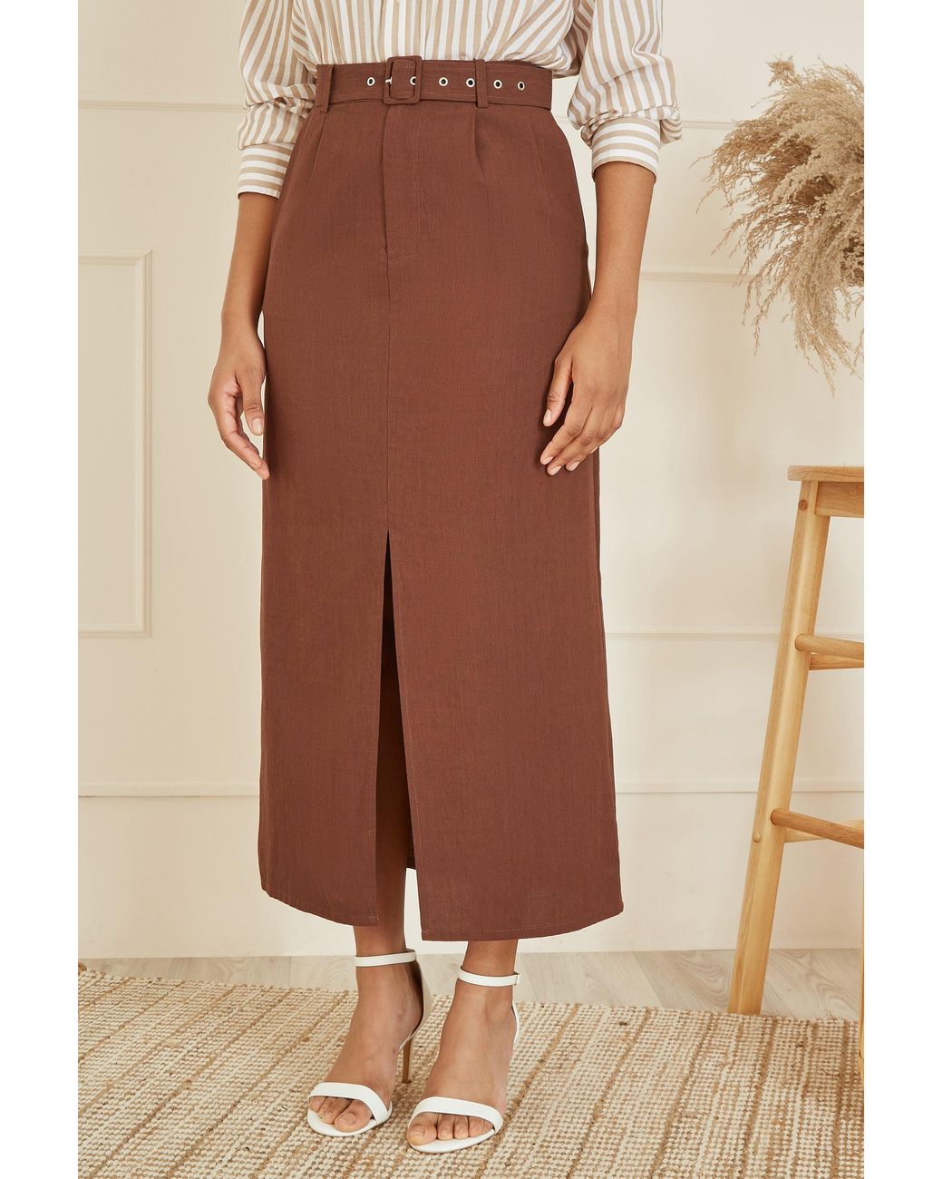 Yumi' Natural Cotton Midi Skirt With Belt And Split Hem