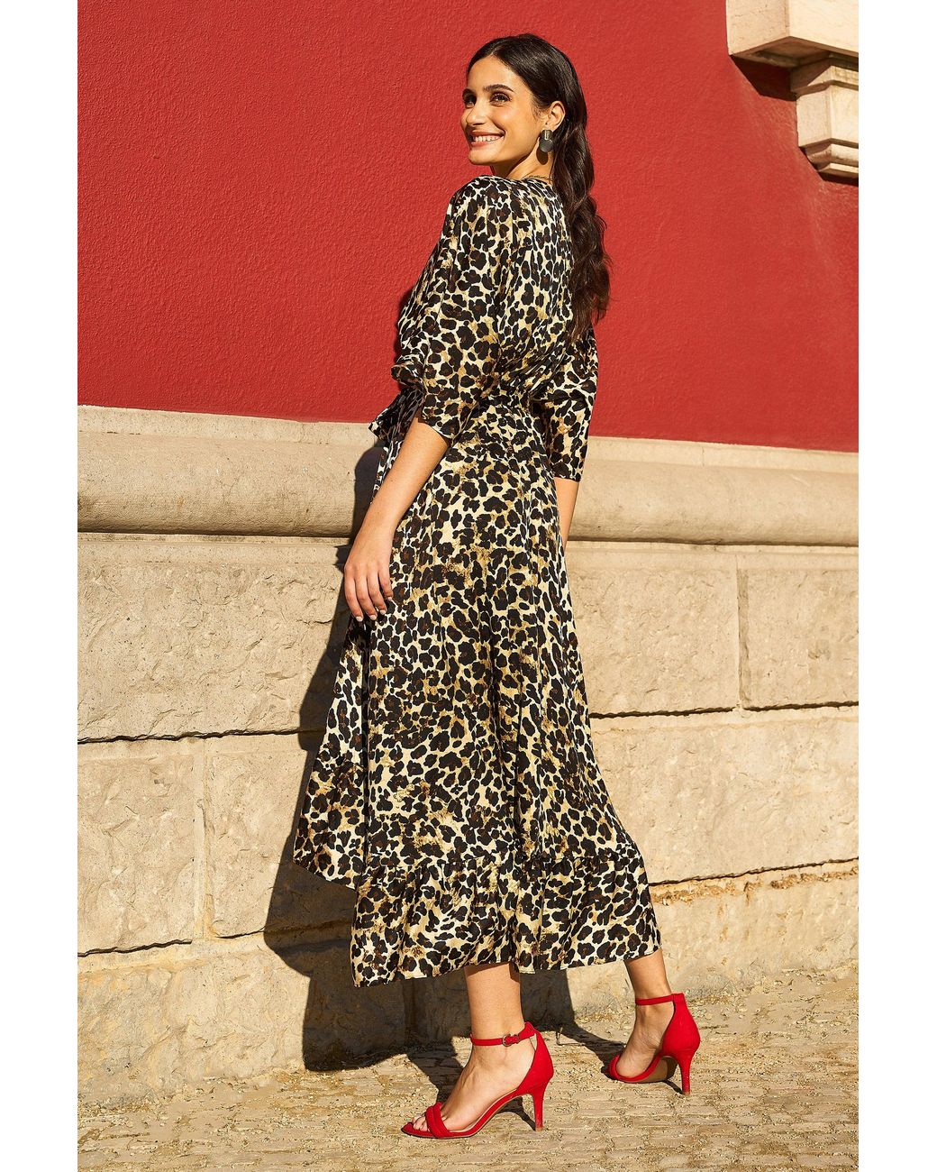 Yumi' Natural Leopard Midi Wrap Dress With Kimono Sleeves