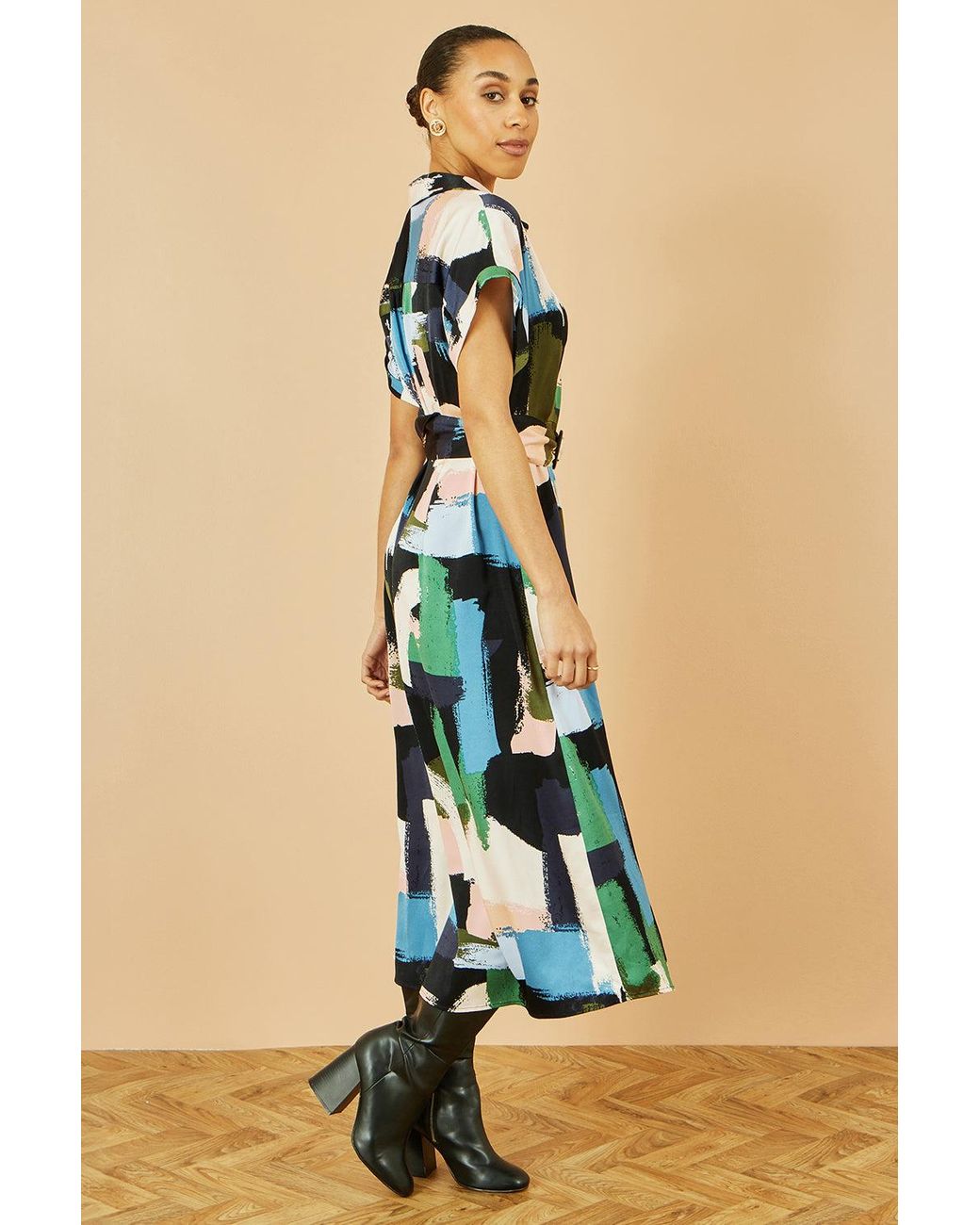 Yumi' Blue Brushstroke Print Relaxed Midi Shirt Dress