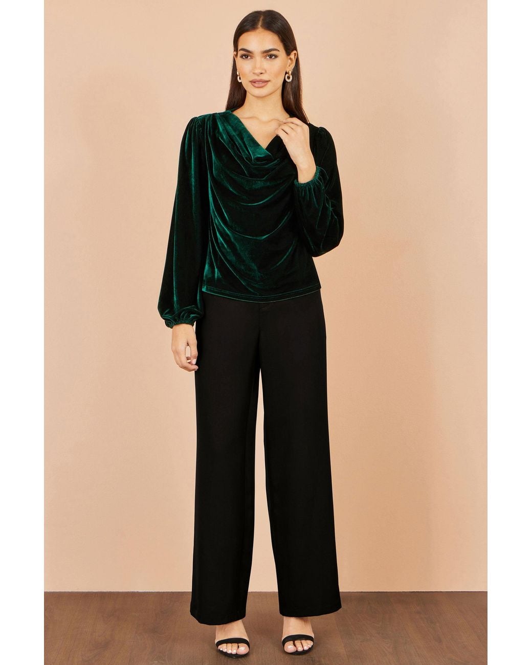 Yumi' Black Velvet Ruched Cowl Neck Top