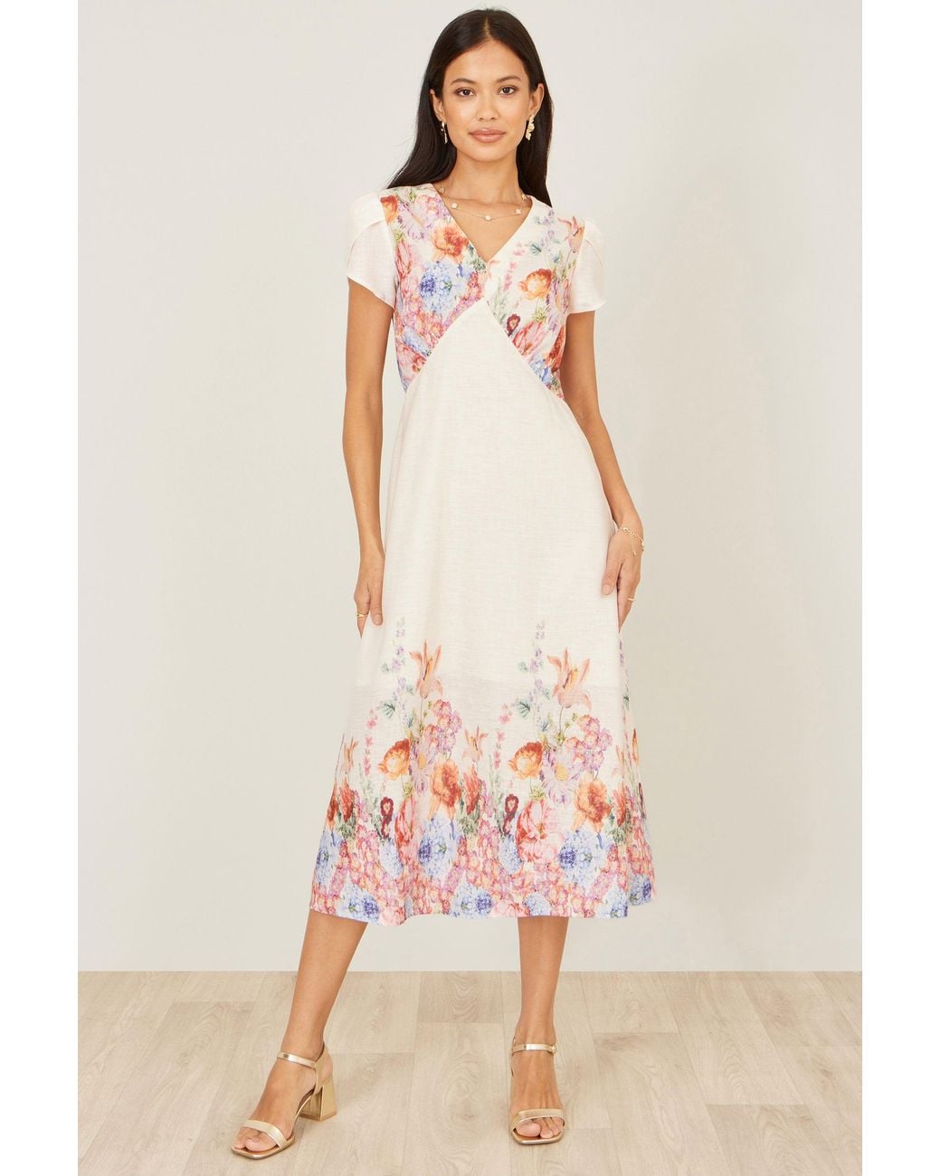 Yumi' Natural Border Floral Midi Dress