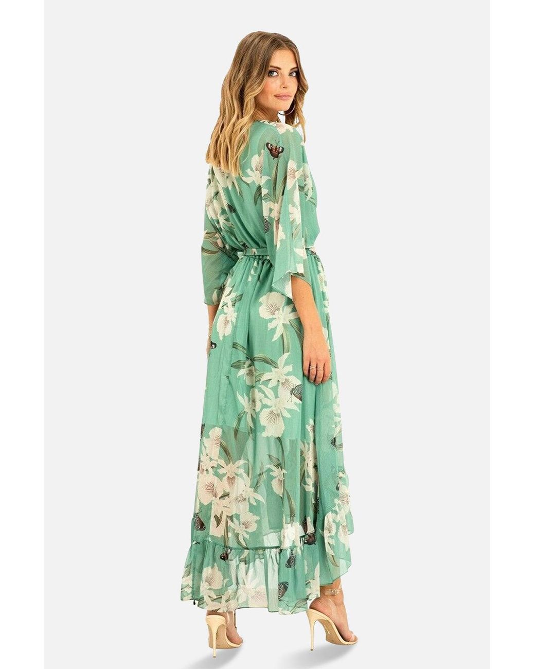 Yumi' Green Floral Kimono Sleeves Dip Hem Wrap Midi Dress