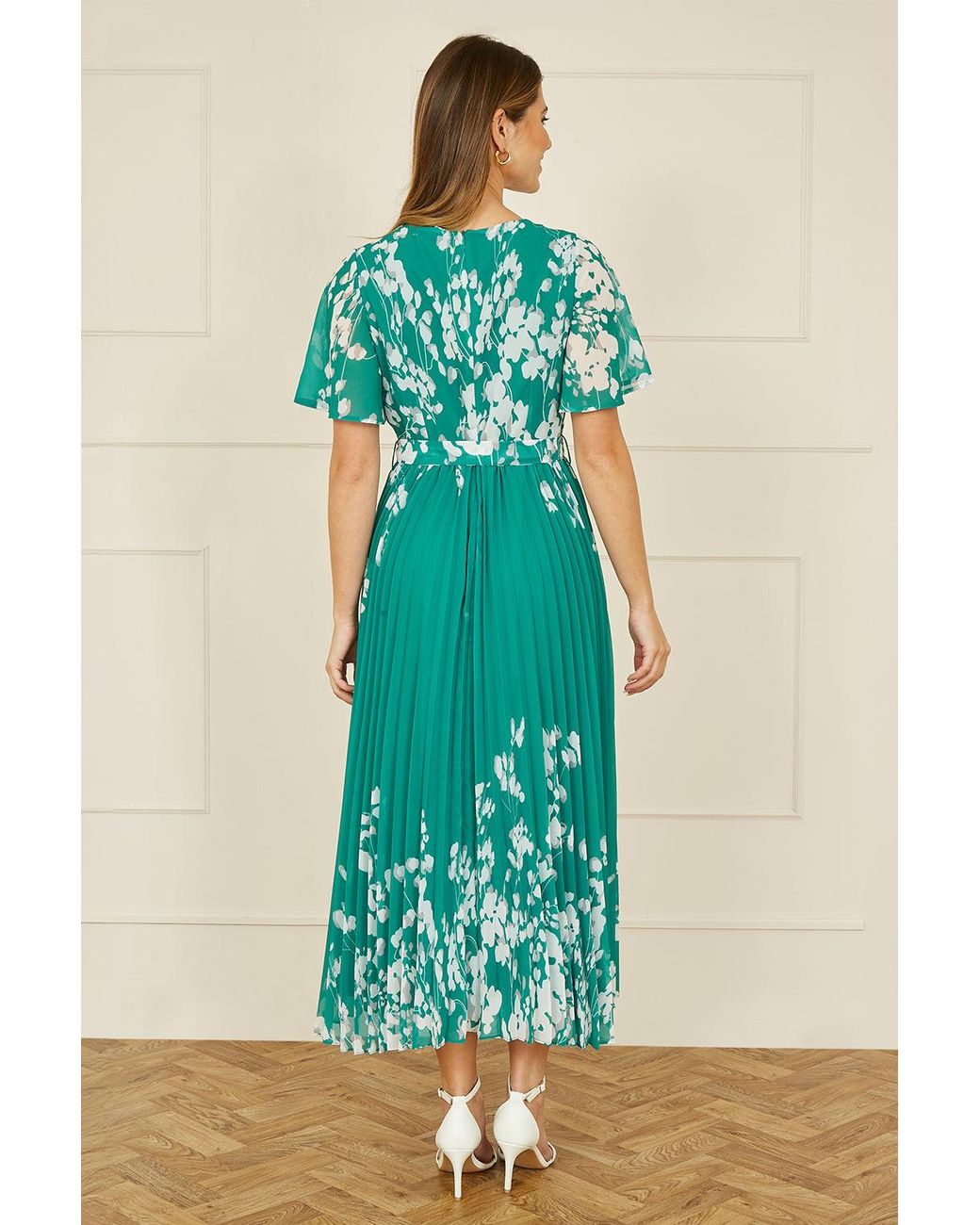 Yumi' Green Mirror Floral Design Pleated Midi Dress