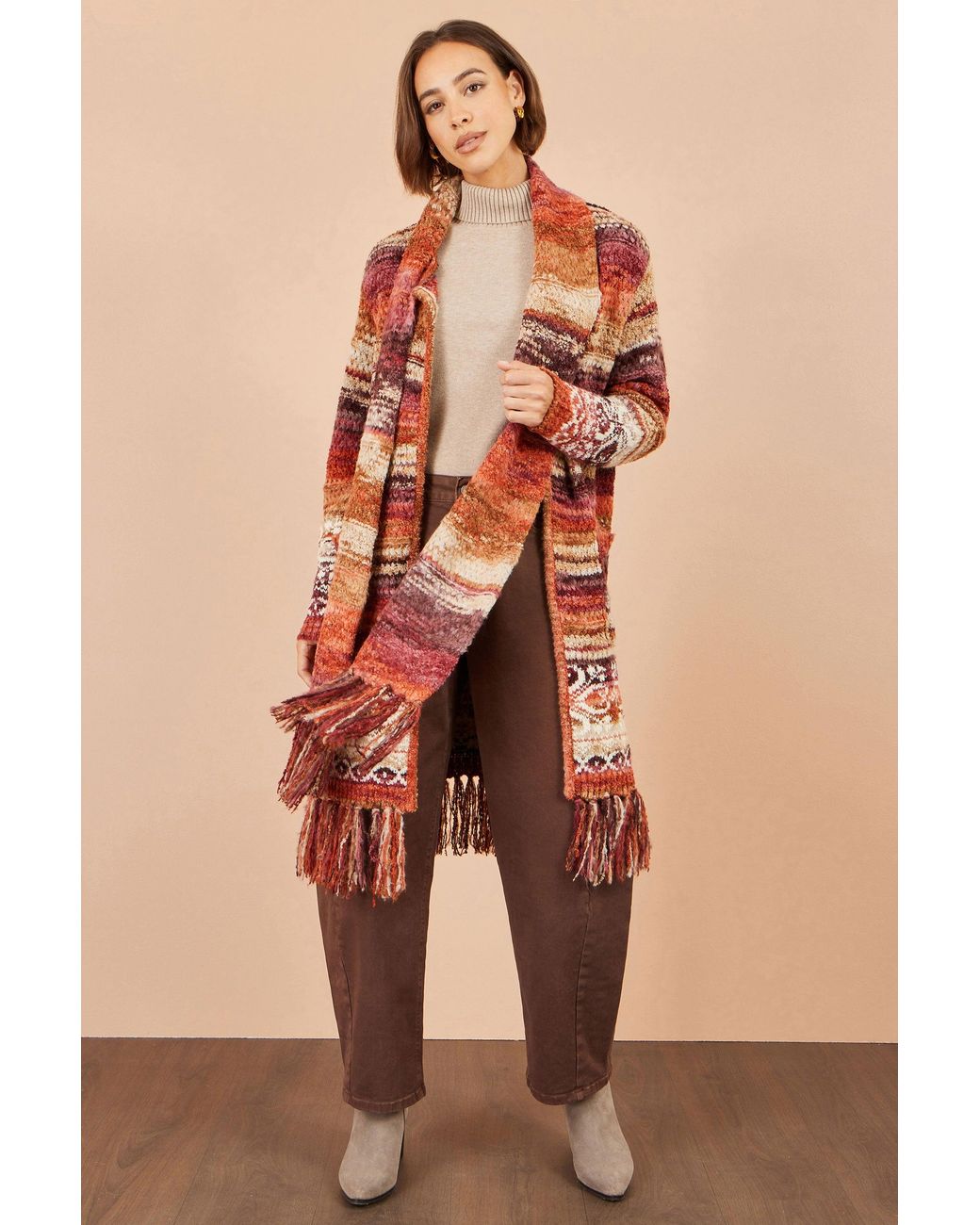 Yumi' Orange Boucle Soft Long Cardigan With Scarf
