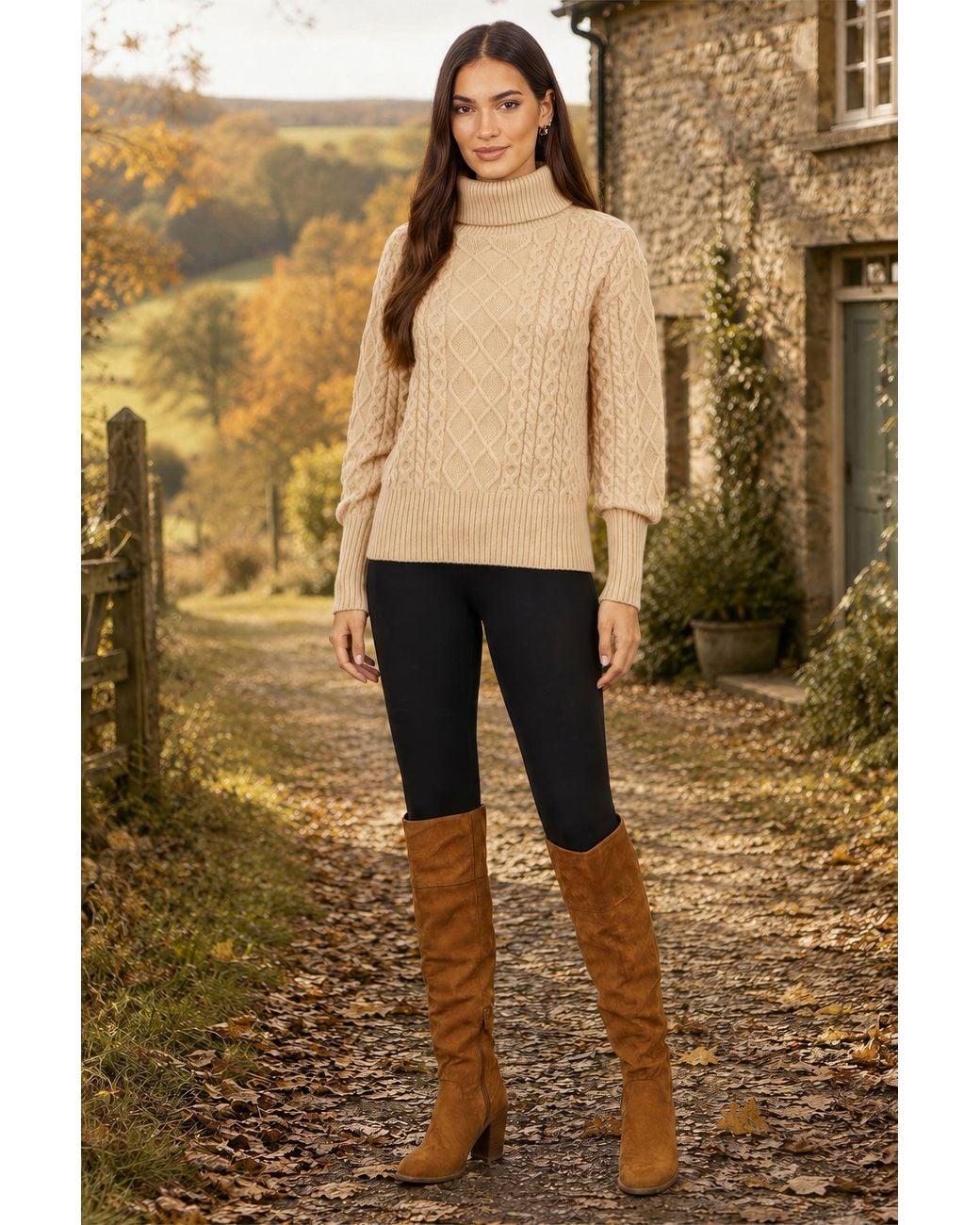 Yumi' Natural Cable Knit Roll Neck Jumper