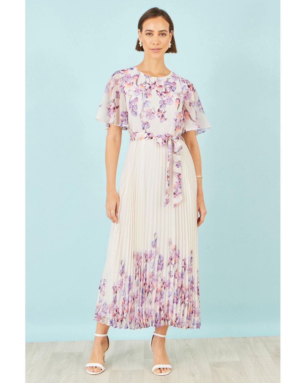 Yumi' White Ivory Floral Mirror Pleated Midi Dress