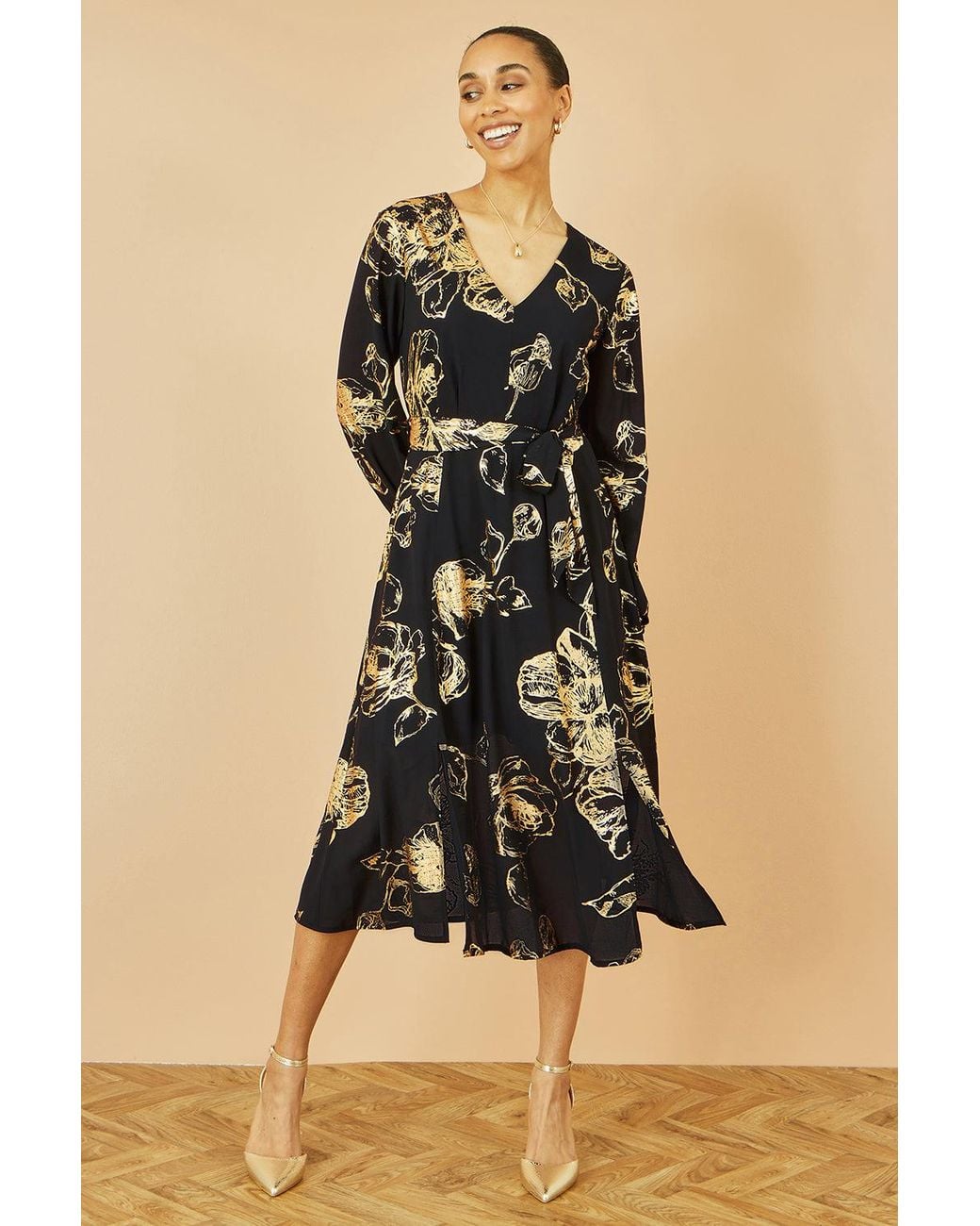Yumi' Black Foil Rose Print Midi Dress