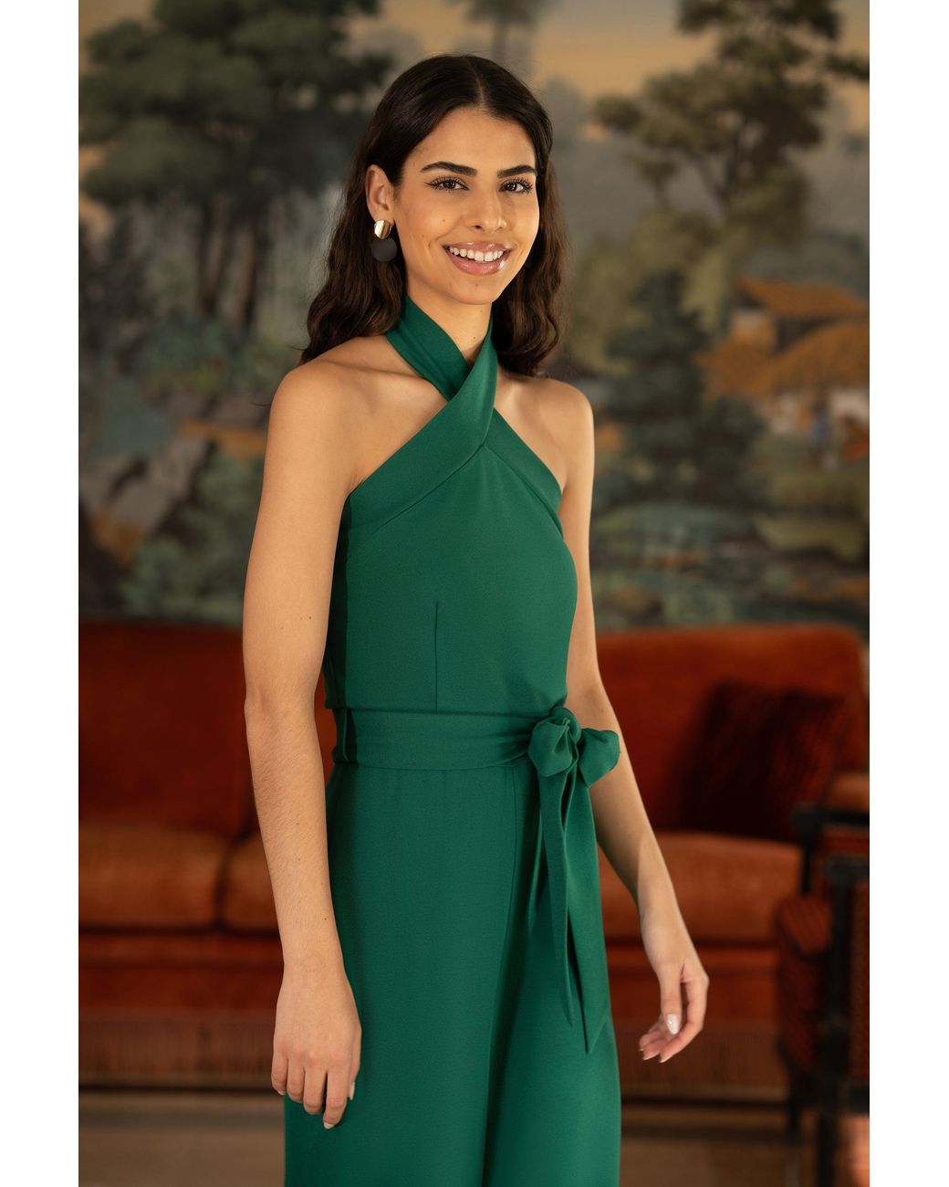 Yumi' Green Cross Over Halter Neck Jumpsuit
