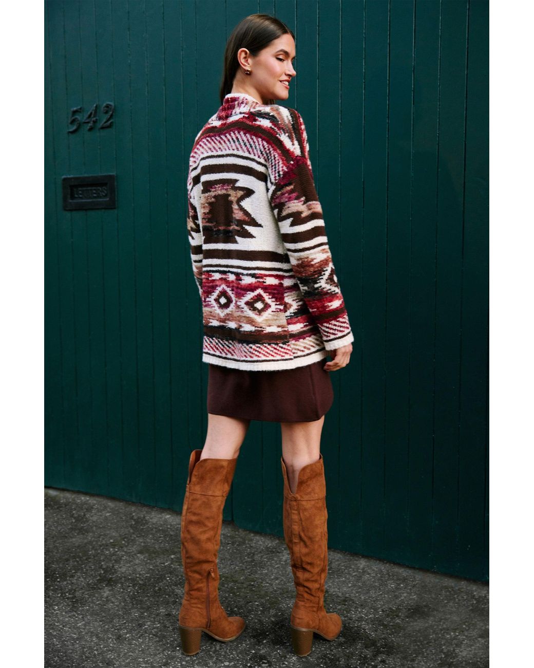Yumi' Black Multicolour Aztec Boucle Open Cardigan