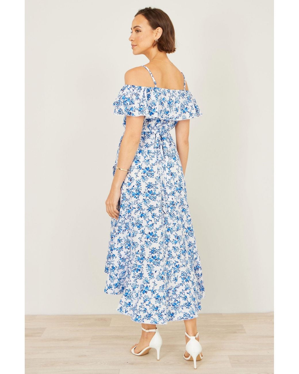 Yumi' Blue Floral Print Bardot Midi Dress With Dip Hem