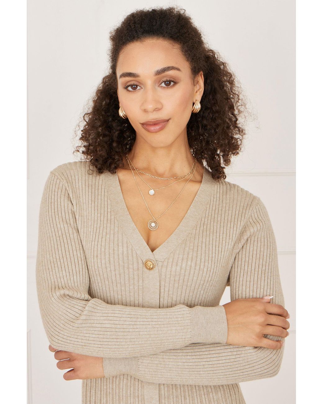Yumi' Natural Viscose Knitted Midi Ribbed Dress