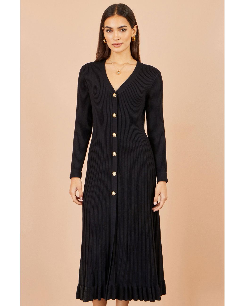 Yumi' Black Viscose Knitted Midi Ribbed Dress