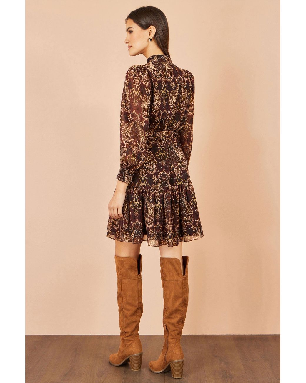 Yumi' Brown Paisley Long Sleeve Shirt Dress