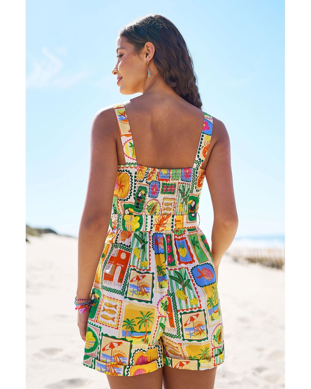 Yumi' Multicolor Multicolour Cotton Postcard Print Playsuit