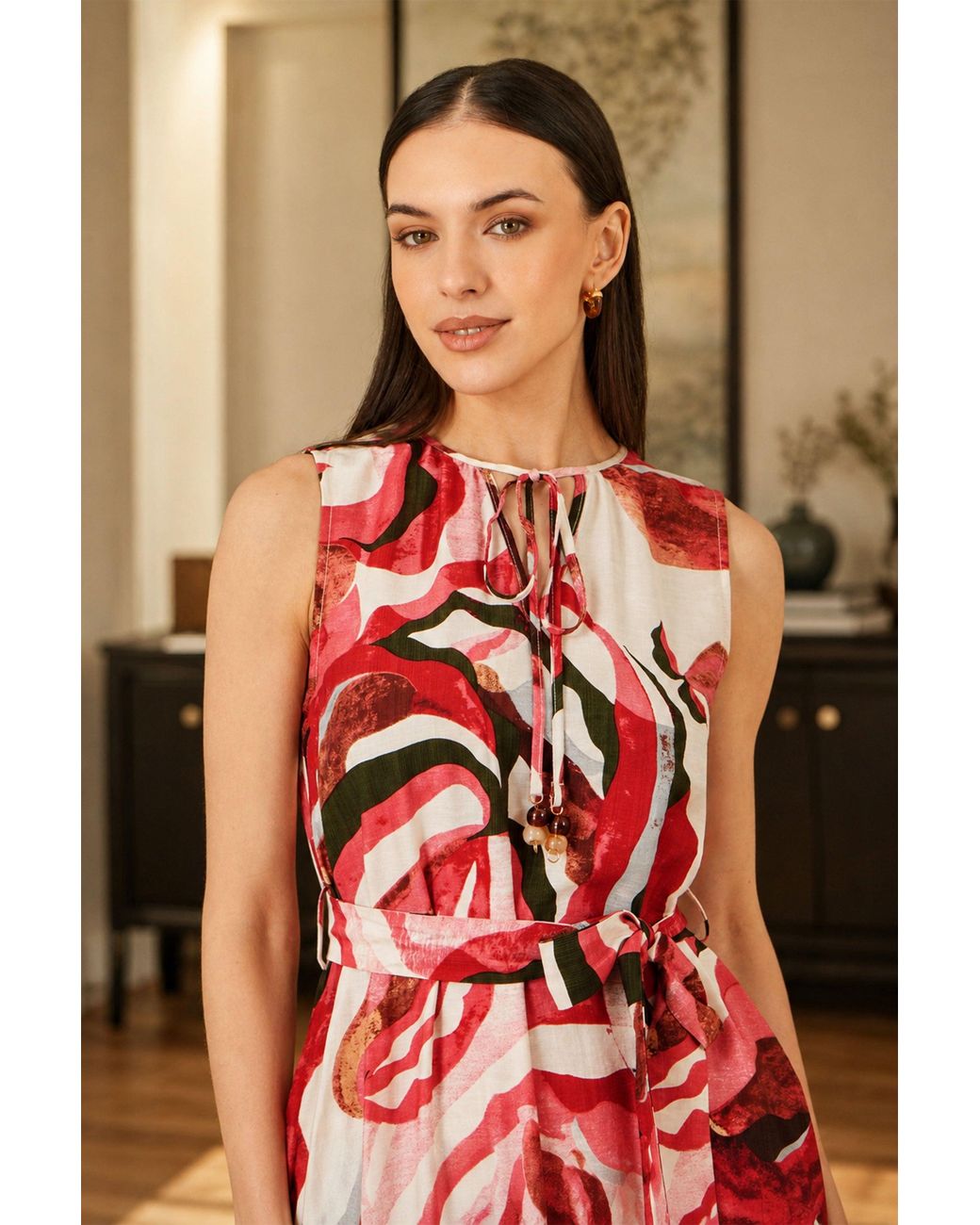 Yumi' Red Viscose Swirl Print Midi Dress