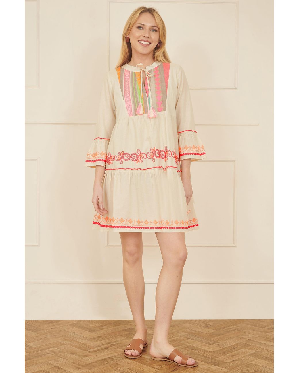Yumi' Natural Embroidered Cotton Tunic