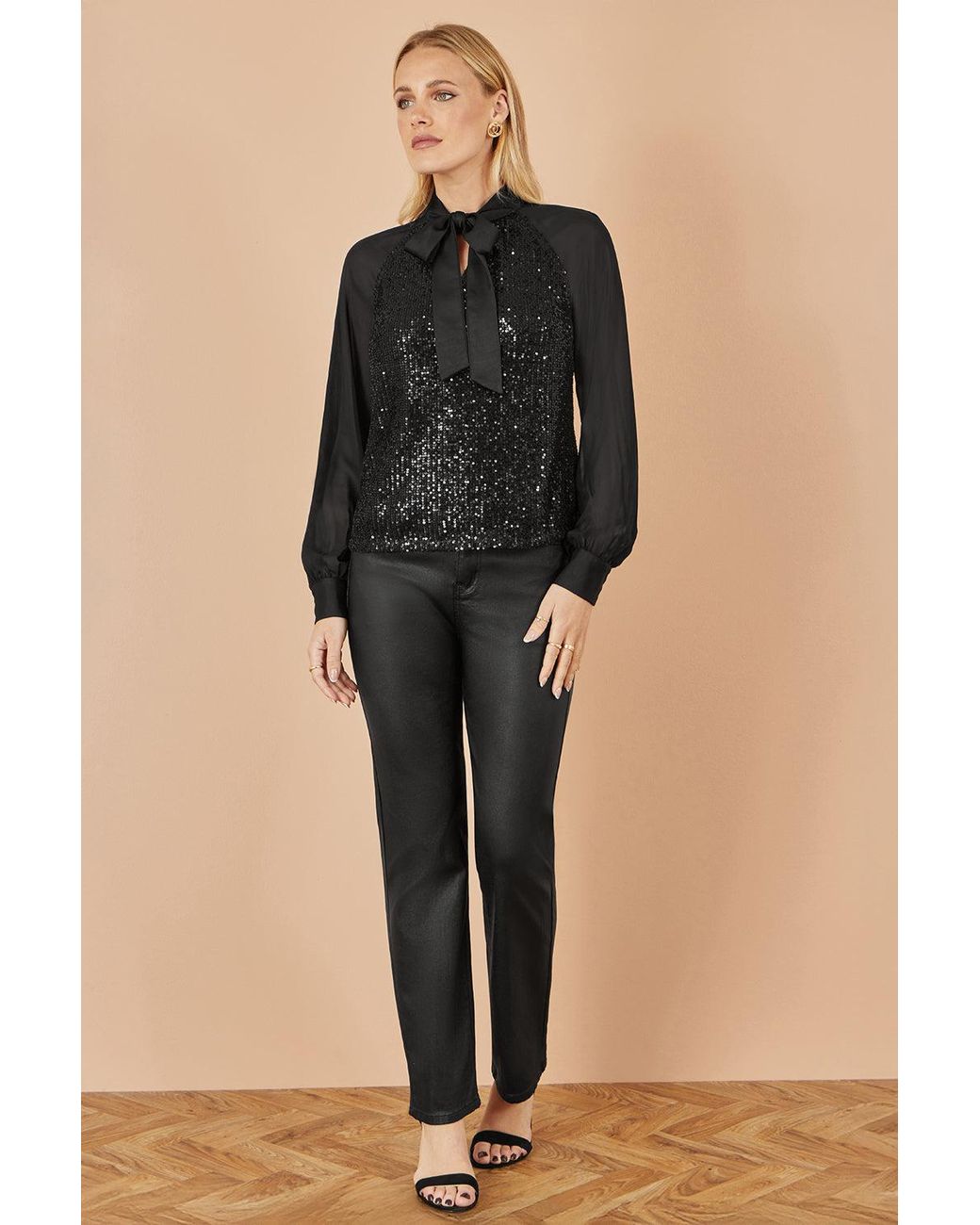 Yumi' Black Sequin Pussy Bow Top