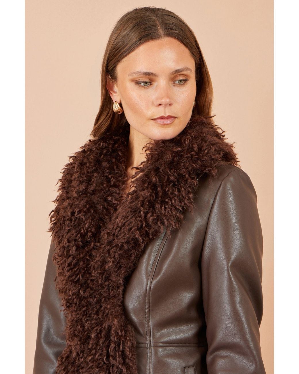 Yumi' Brown Faux Leather Coat With Faux Fur Trims