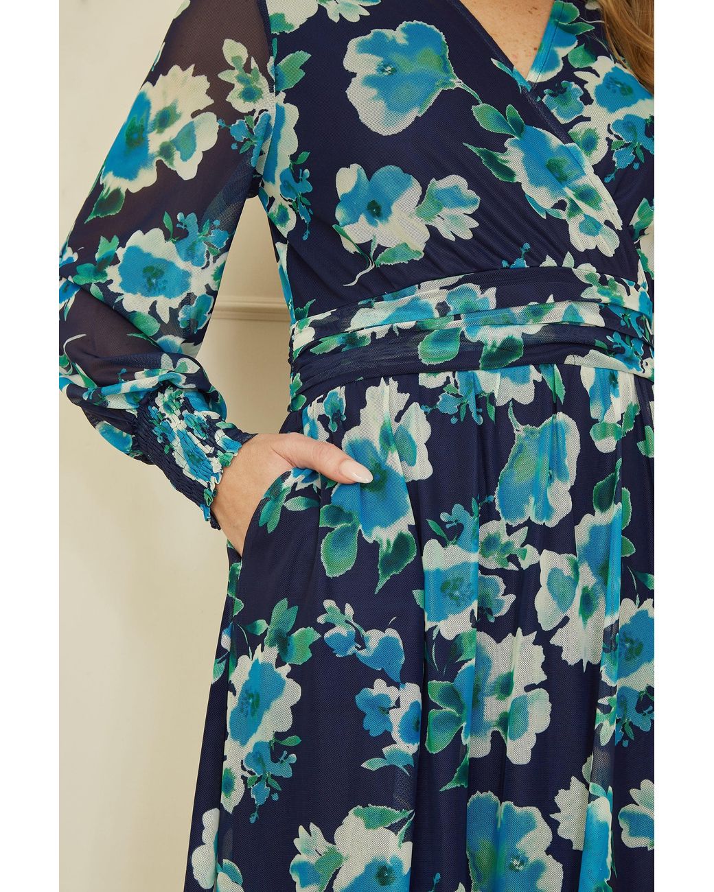 Yumi' Blue Floral Mesh Wrap Dress With Long Sleeves