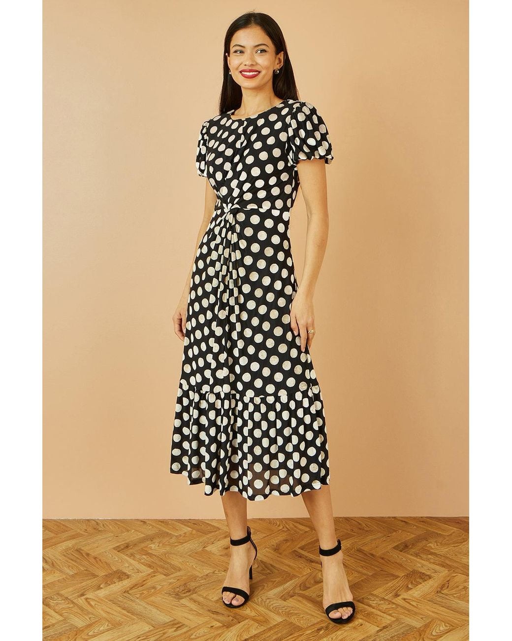 Yumi' Black Velvet Spot Print Twist Knot Waist Midi Dress