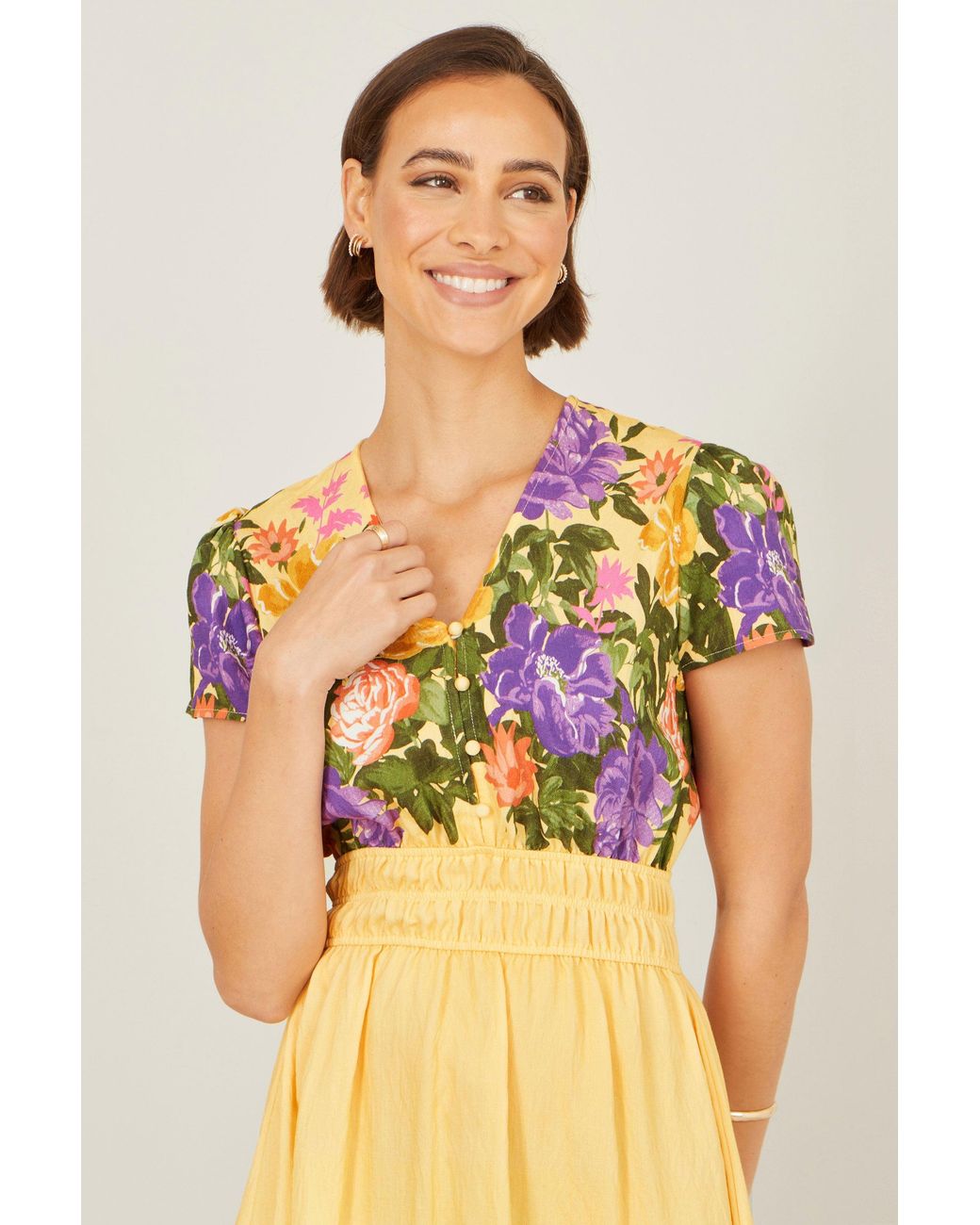 Yumi' Metallic Floral Mirror Print Viscose Midi Dress