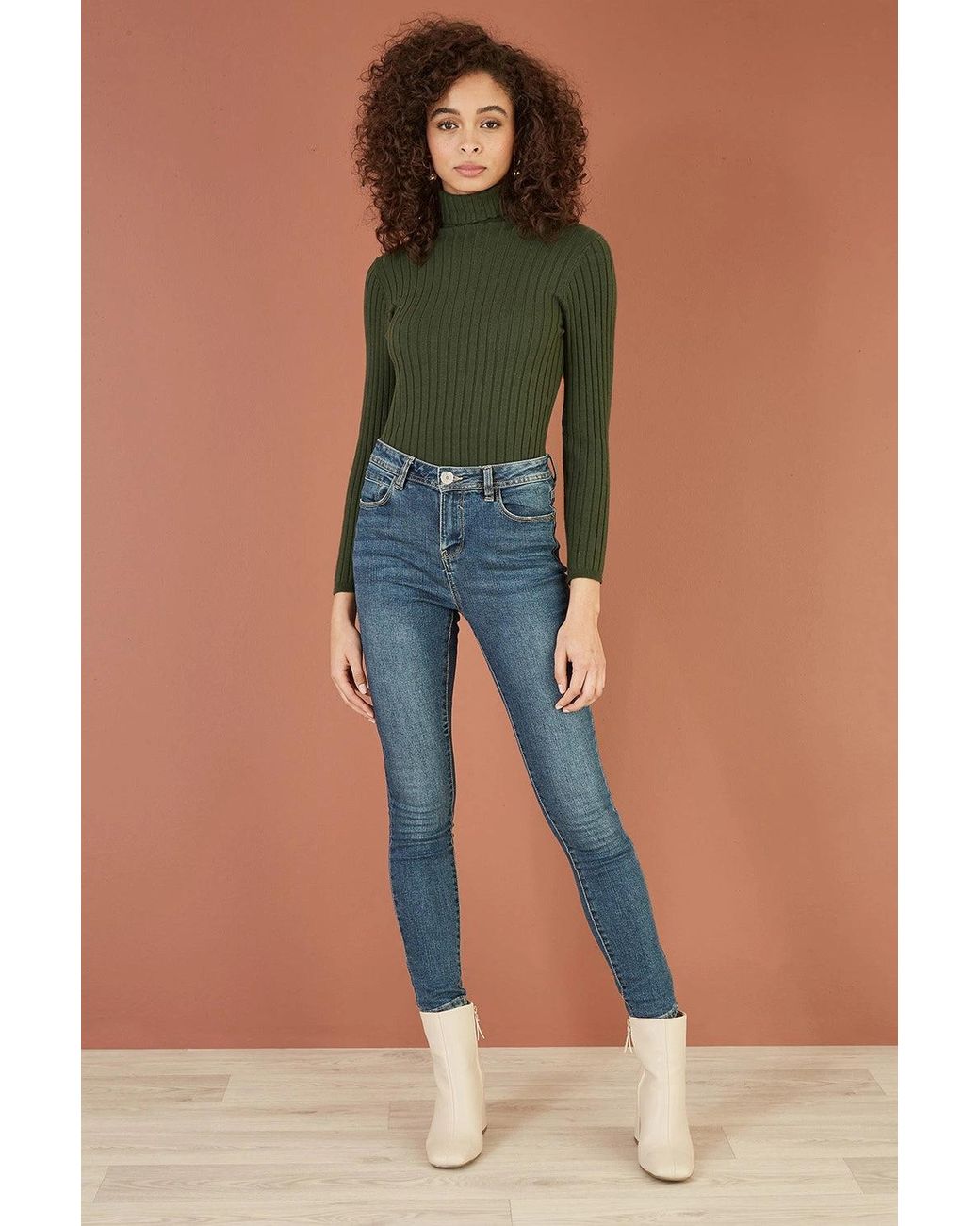 Yumi' Green Ribbed Knit Roll Neck Jumper